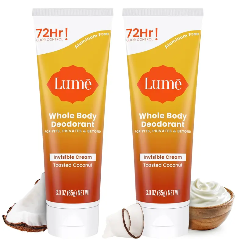 Lume Déodorant Corps Invisible en Crème - 72h, Sans Aluminium ni Bicarbonate - Pack 2 x 3oz - Noix de Coco Toastée