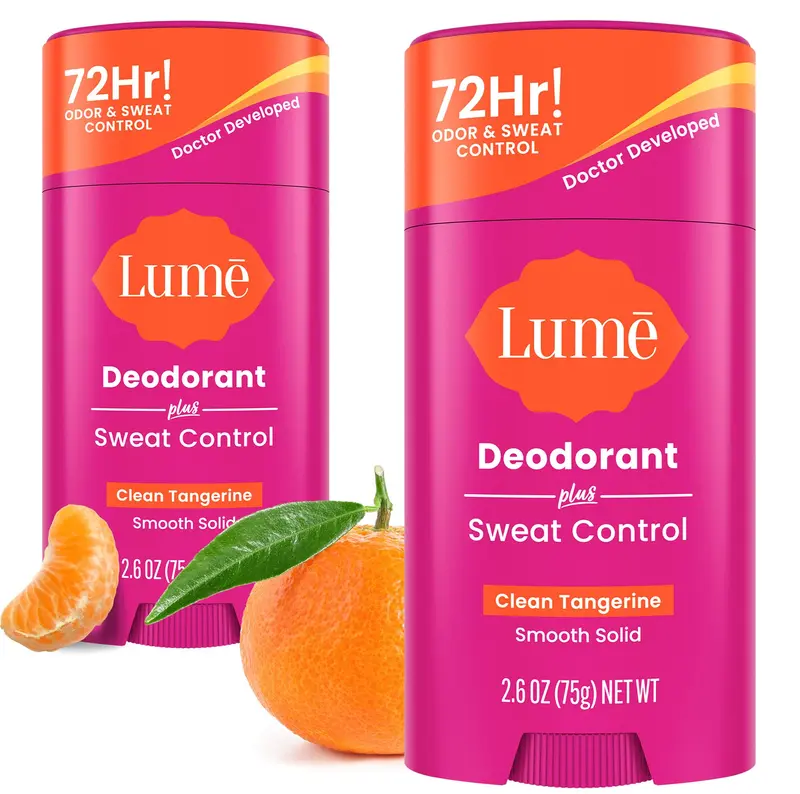 Lume Déodorant Plus — Contrôle maximal de la transpiration, sans bicarbonate, sticks lisses (Tangerine Frais) – Pack de 2 × 2,6 oz