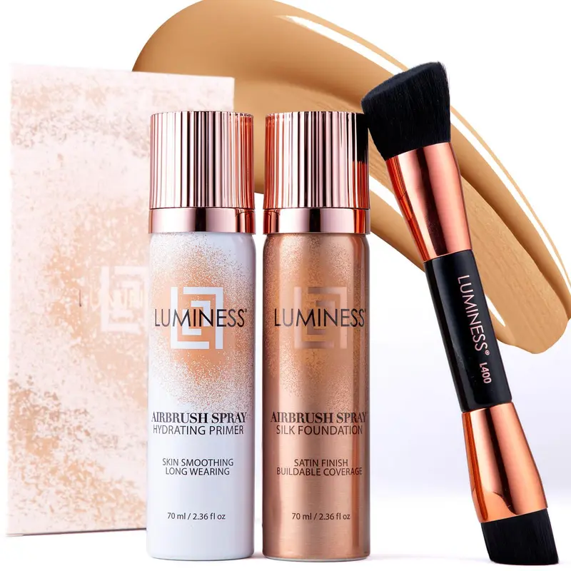 LUMINESS Kit démarrage Airbrush Silk Foundation – Teinte Moyen | Fondation en spray, primer hydratant et brosse double-face