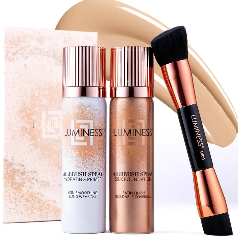 LUMINESS Kit Starter Fond de Teint en Spray à la Soie – Teinte Claire, Primer Hydratant et Pinceau Angulaire Double Face, Couvrance Modulable et Hydratation