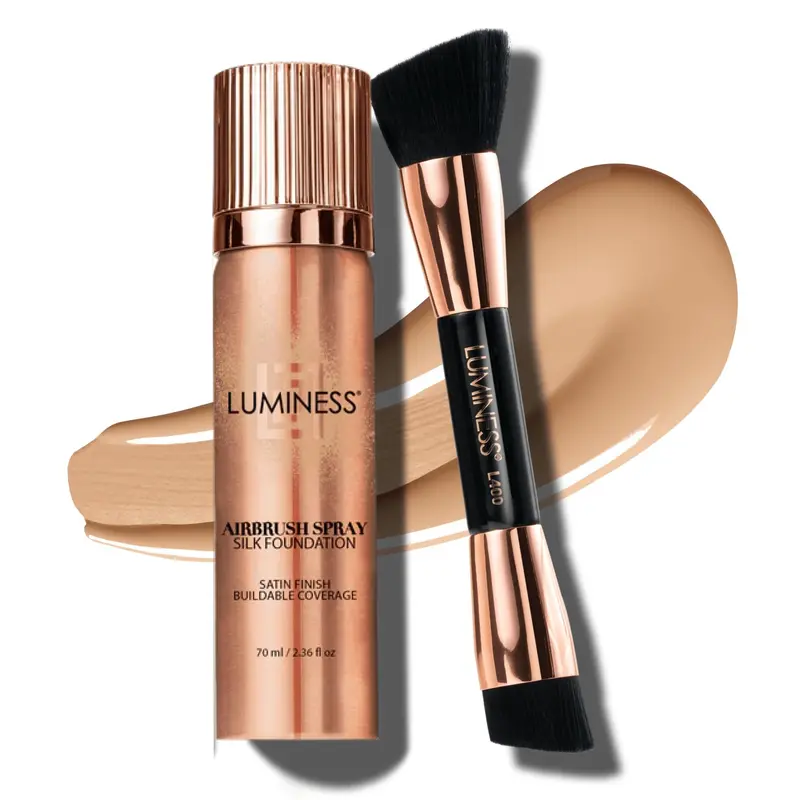 LUMINESS Silk Airbrush Foundation Kit – Teint uniforme & Pinceau Buffing Double-Face – Hydratant & Couvrance Modulable – Teinte légère-moyenne