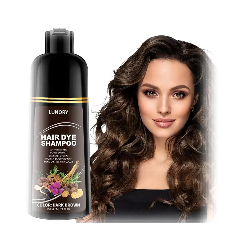 Lunory Shampoing Coloration Brun Foncé – Couverture Gris 100%, 3 en 1, Sans Ammoniaque (500ml)