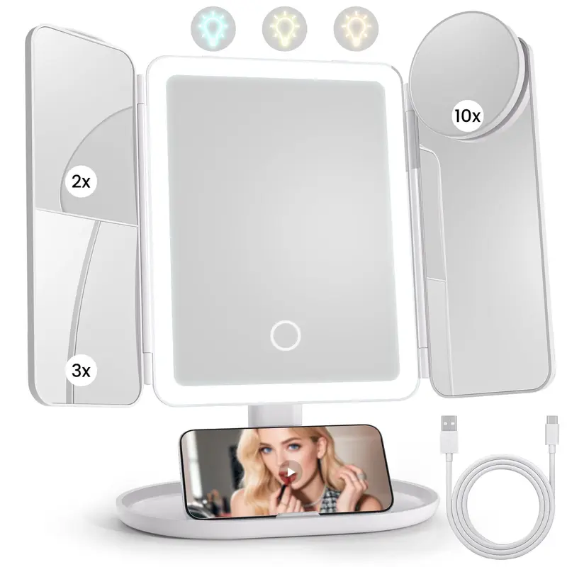 Lupow Miroir de Maquillage – Éclairage en 3 Modes et Grossissements 2X/3X/10X, Support Détachable et Recharge USB
