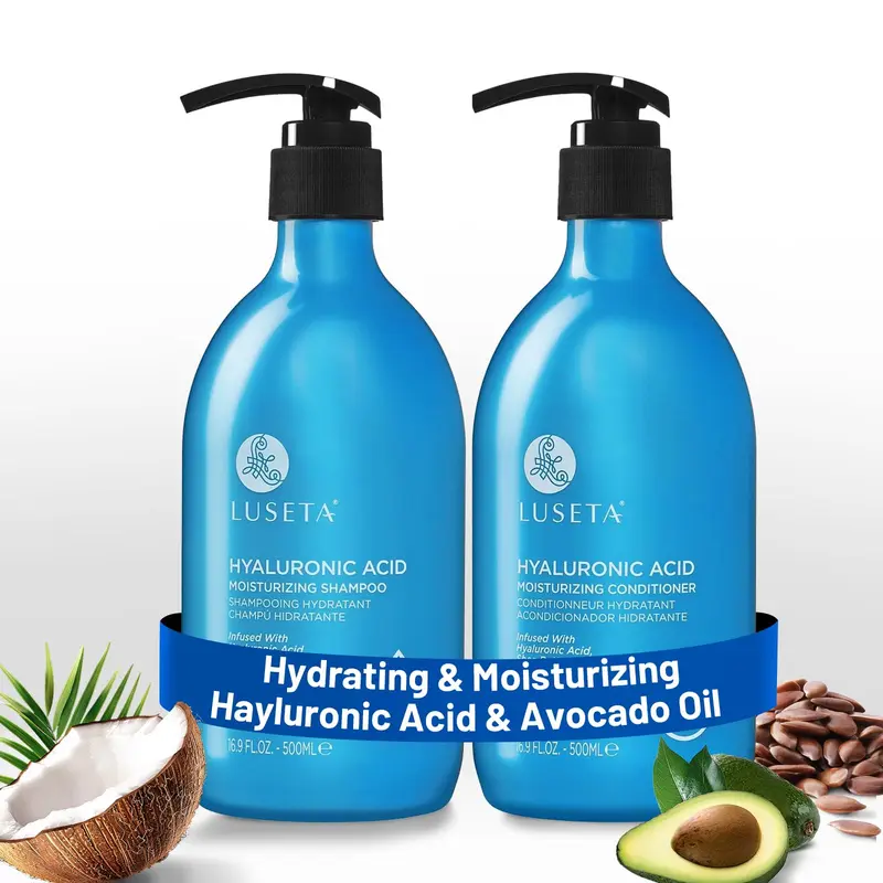 Luseta Shampoing et Après-Shampoing Hydratants à l’Acide Hyaluronique – Cheveux Secs et Abîmés, Sans Sulfates ni Parabènes – Argan et Karité – 2 x 16,9 oz