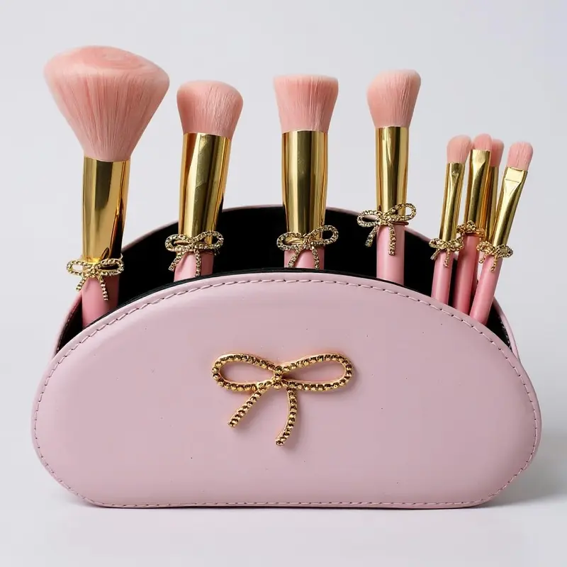 Luxape Bow Pinceaux Maquillage – Ensemble 9 Pièces Rose & Pochette Nœud Doré
