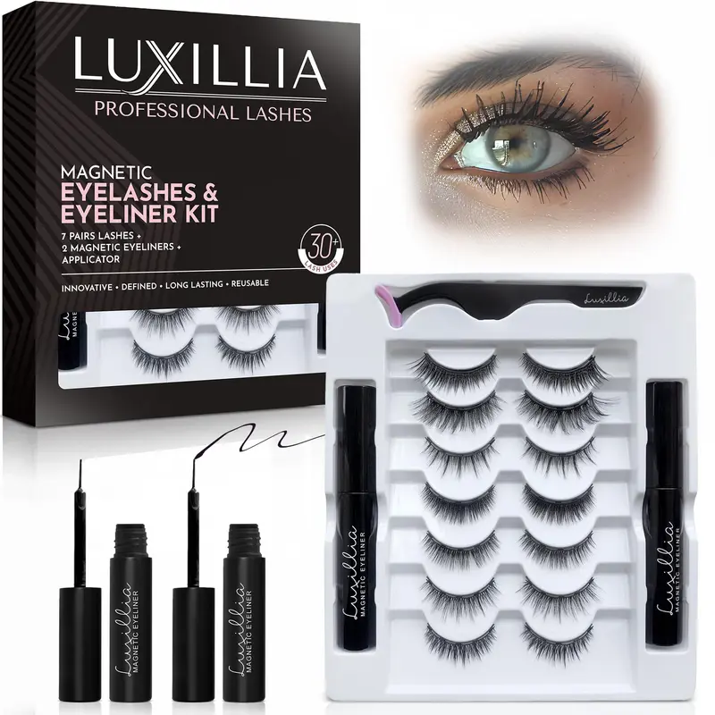 Luxillia Kit Cils Magnétiques – 10 Pièces avec trait magnétique étanche et applicateur – Regard naturel sans colle