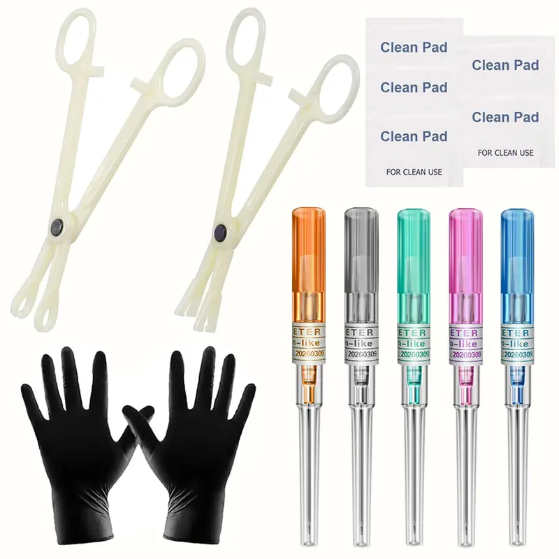 Lyuxzad Kit piercing – 14 pièces, pinces, cathéters 14G-22G, gants et accessoires pro