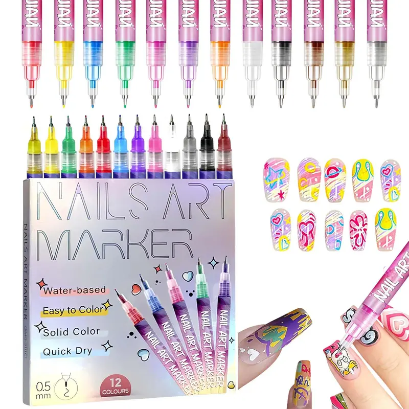LZUPIKC Kit feutins pour art des ongles – Marqueurs 0,5 mm, 12 couleurs, Séchage rapide (#B)