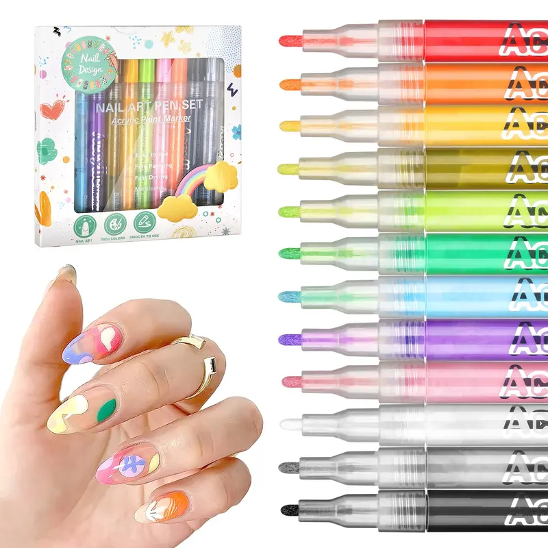 LZXLUKGIR Stylos Art Ongles – 12 Couleurs, Séchage Rapide, Marqueurs Acryliques 3D pour Manucure