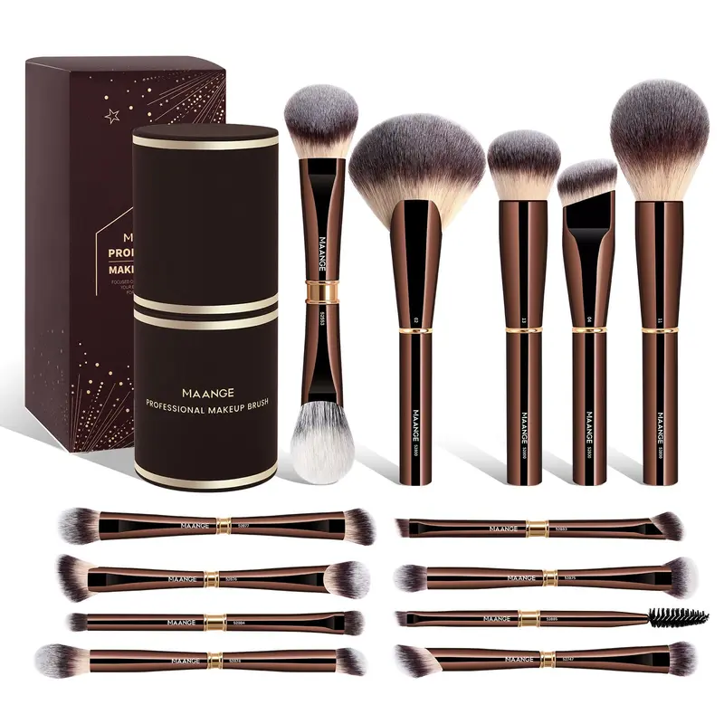 MAANGE 13 pièces pinceaux maquillage avec étui – Kit pro visage et yeux café brun