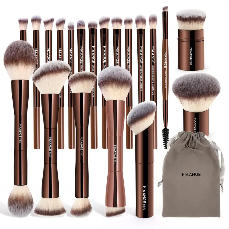 MAANGE 21 pinceaux maquillage – kit double-face kabuki pour teint et yeux, ton café