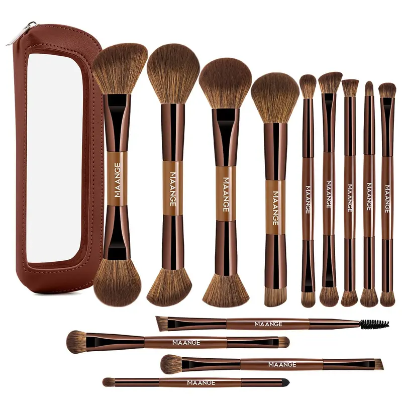 MAANGE Ensemble 13 Pinceaux Maquillage Double-Face avec Étui – Pinceaux Visage et Yeux Professionnels