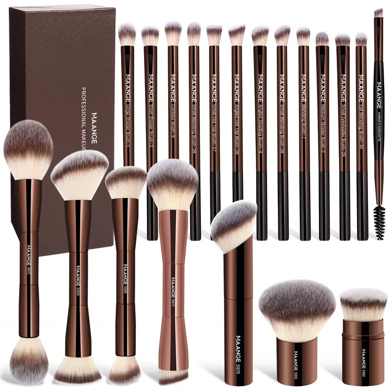 MAANGE – Ensemble de 20 pinceaux maquillage avec boîte cadeau, pinceaux double-face pour fond de teint, poudre, correcteur, blush – brun café