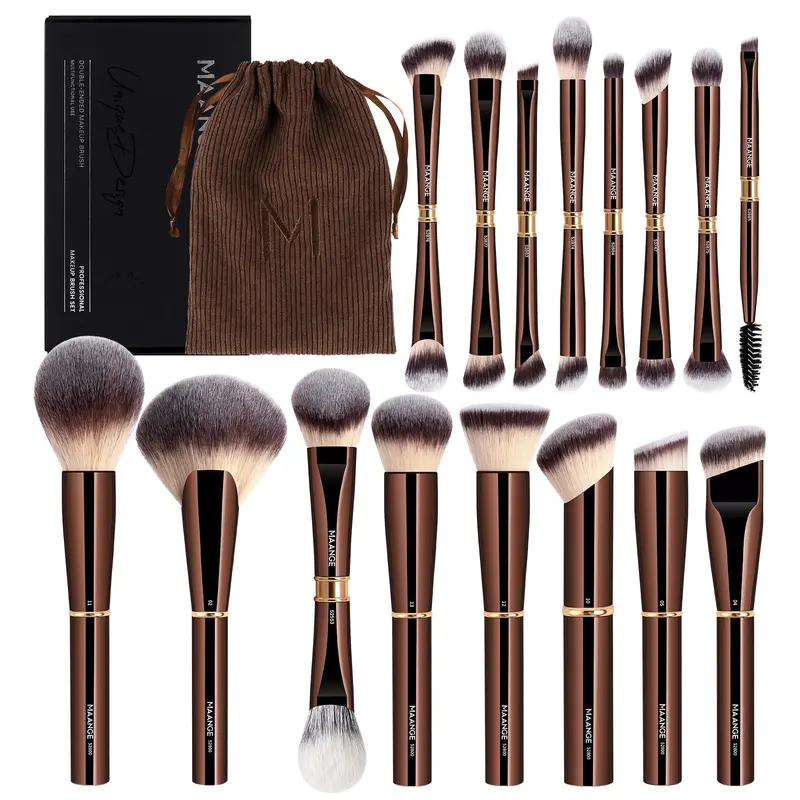 MAANGE Ensemble Pinceaux Maquillage 16 Pièces Professionnels – Fond de Teint, Poudre, Contour, Yeux – Étui et Coffret Cadeau – Café Marron