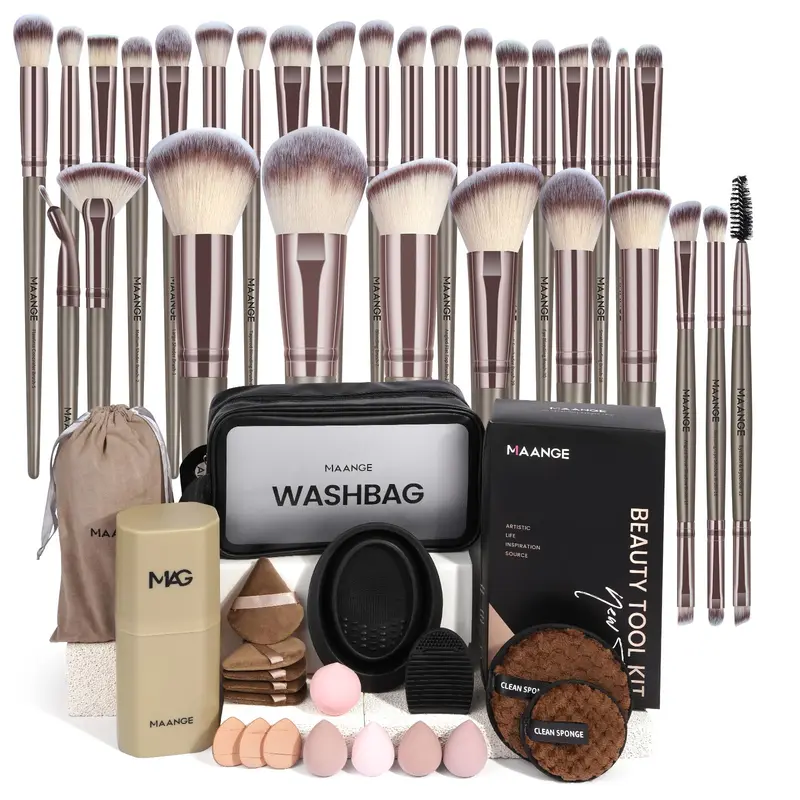 MAANGE Ensemble Pinceaux Maquillage 51 pièces - Brosses professionnelles en fibres synthétiques, étui et trousse (Champagne)
