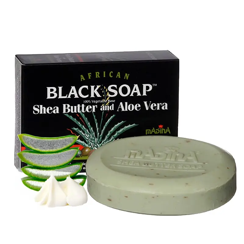Madina Savon Noir Africain – Beurre de Karité & Aloe Vera, Hydratant, Exfoliant Doux, Lot de 6 barres (3,5 oz chacune)
