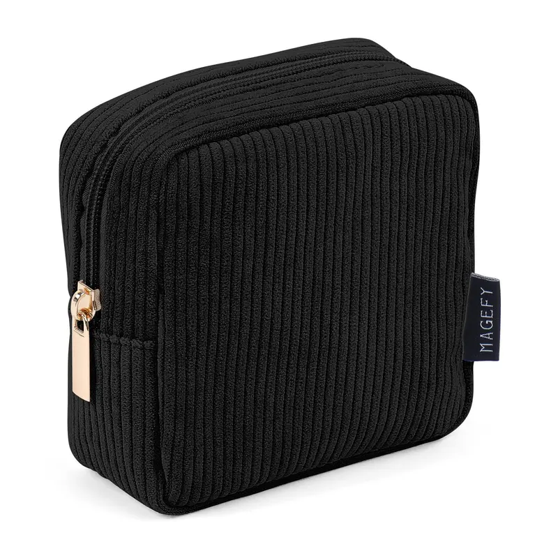 MAGEFY Petite Pochette Maquillage en Corduroy – Trousse Compacte Noire avec Poches Intérieures