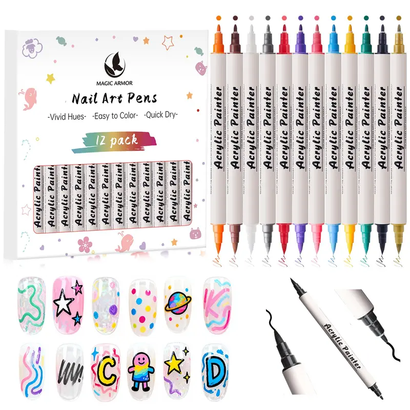 Magic Armor – Ensemble de 12 couleurs pour art des ongles, pointes fines et brosse ronde
