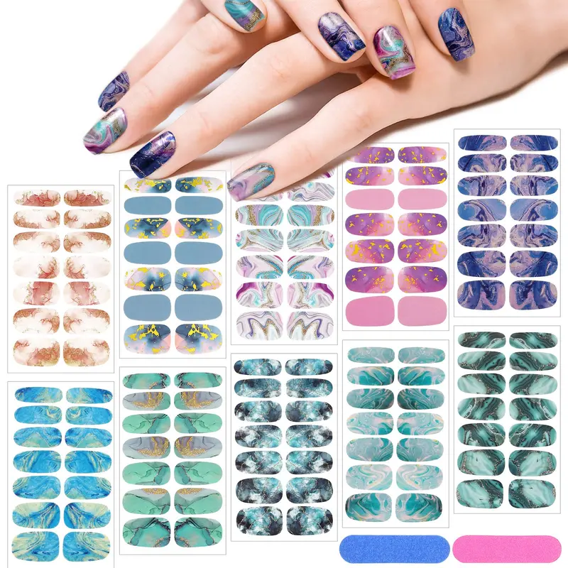 Maitys 140 pièces Bandes d'Ongles Marble – 10 Feuilles Pleines, Dégradé et Paillettes