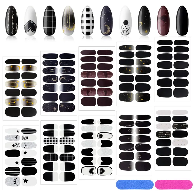 Maitys 140 pièces – stickers wrap noirs pour ongles, dégradé et glitter, 10 feuilles + 2 limes incluses