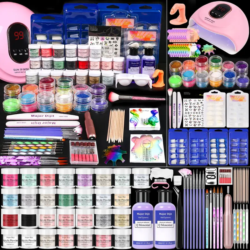 Major Dijit Kit Ongles Acryliques – 29 Couleurs, Lampe UV 36W et Ponceuse Électrique, 2x60ml Monomère