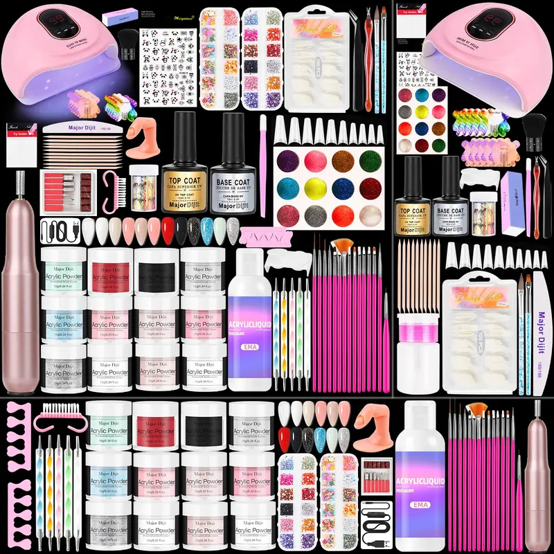 Major Dijit Kit Ongles Acryliques avec Lampe LED 36W – 12 Couleurs, Base & Top Coat, Tips, Paillettes et Charms