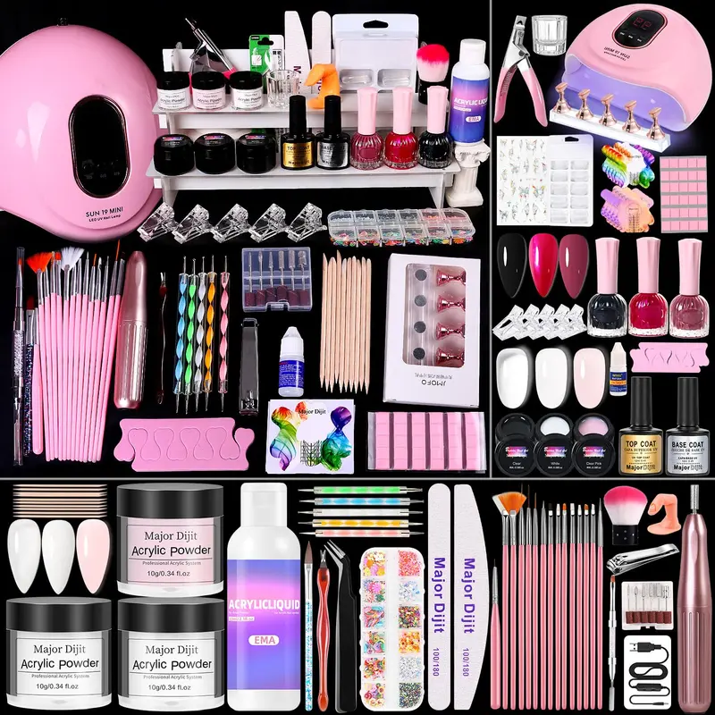 Major Dijit Kit Ongles Acryliques Tout-en-Un pour Débutants – Lampe LED, Perceuse et Gel d’Extension