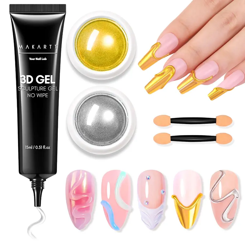 Makartt Kit Gel 3D Nail Art & Chrome Powder – Gel Sculptant 15g Sans Odeur