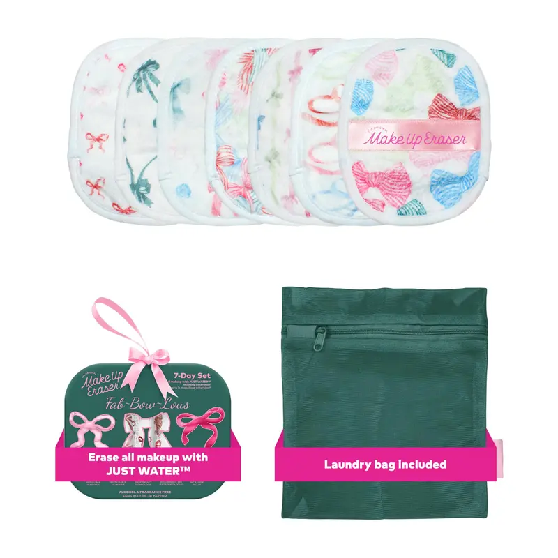MakeUp Eraser – Ensemble Original 7 Jours, Démaquillage à l’eau sans alcool, Résistant à l’eau, Fab-Bow-Lous, 7 pièces