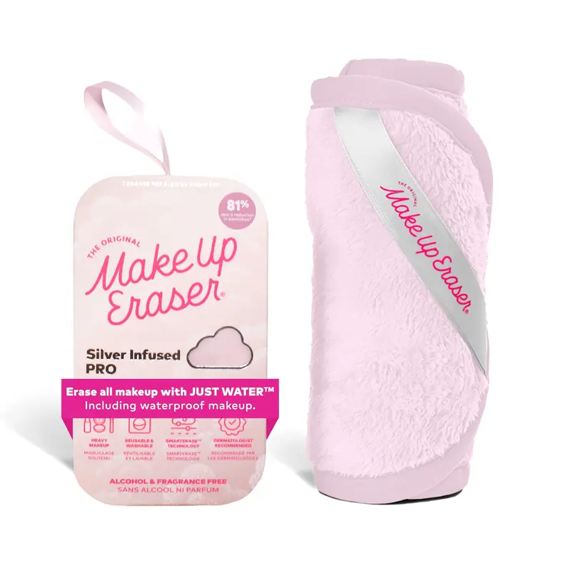 MakeUp Eraser PRO Original – Démaquillage avec seulement de l’eau, mascara waterproof inclus, Argent infusé, 1 unité