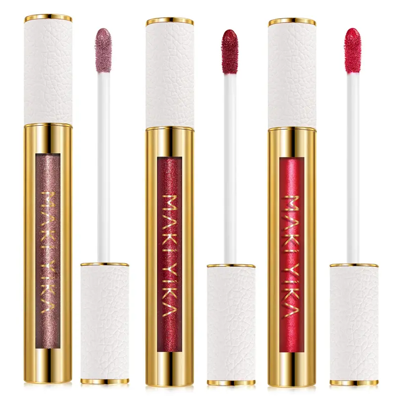 MAKI YIKA – Ensemble de 3 rouges à lèvres métalliques longue tenue nude/rose/rouge, brillance élevée, sans transfert