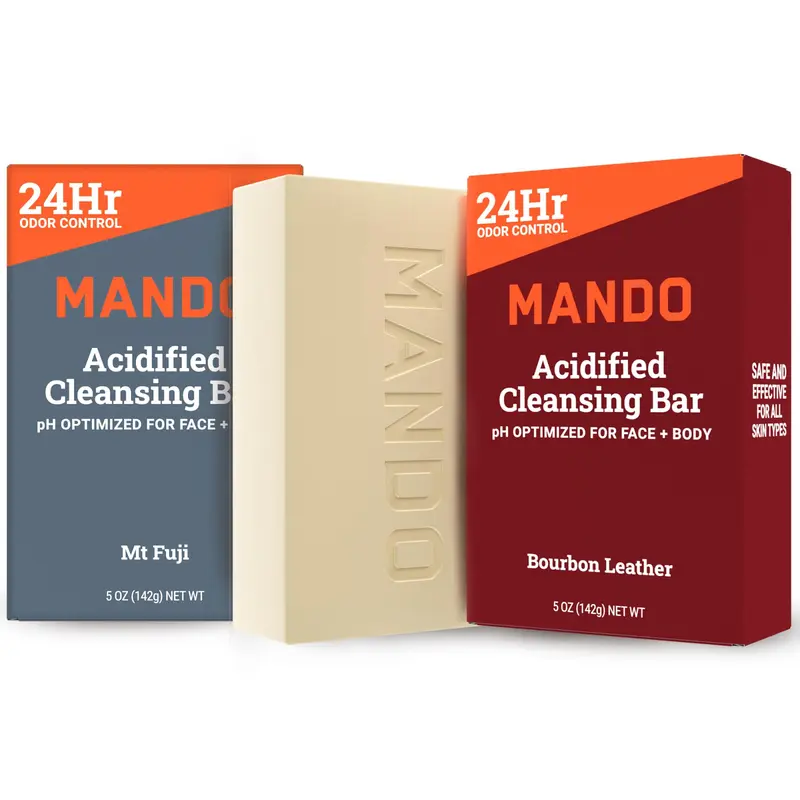 Mando Barre Nettoyante 4-en-1 Acidifiée – Contrôle d’Odeur 24h – Hydratante – Sans SLS/Parabènes – Peau Sensible – Pack de 2 – Bourbon Leather & Mt Fuji