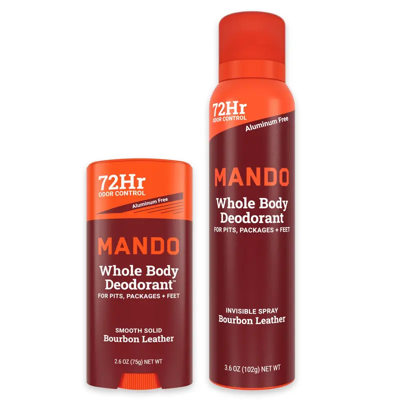 MANDO Déodorant Corps Entier – Système en Deux Pièces (Bâton Solide Lisse 74 g et Vaporisateur 102 g) – Sans Aluminium ni Bicarbonate – Développé par des Médecins – Parfum Cuir Bourbon