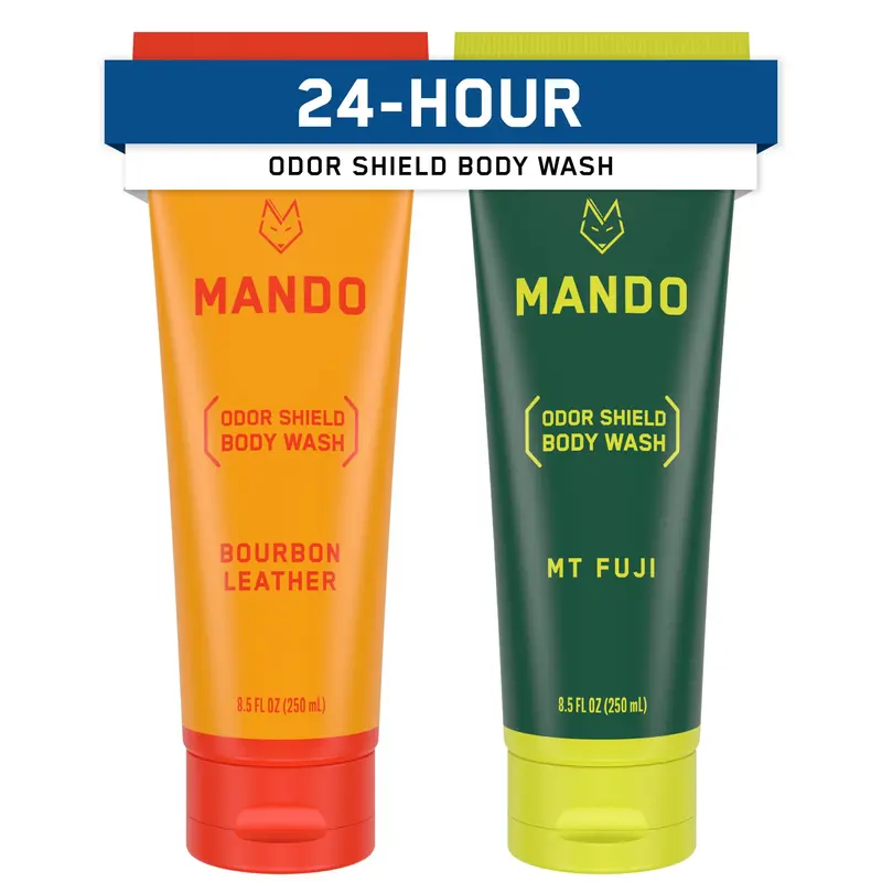 Mando Gel Lavant Acidifié – Contrôle d’Odeur 24h – Sans SLS ni phtalates – Cuir Bourbon & Mont Fuji – Pack de 2 (8,5 oz)