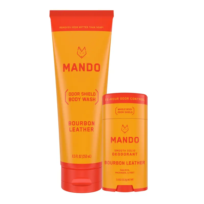 Mando Stick Solide Lisse 2,6 oz + Gel Douche Acidifié 8,5 oz – Odeur Bloquée Toute la Journée | Bourbon Leather