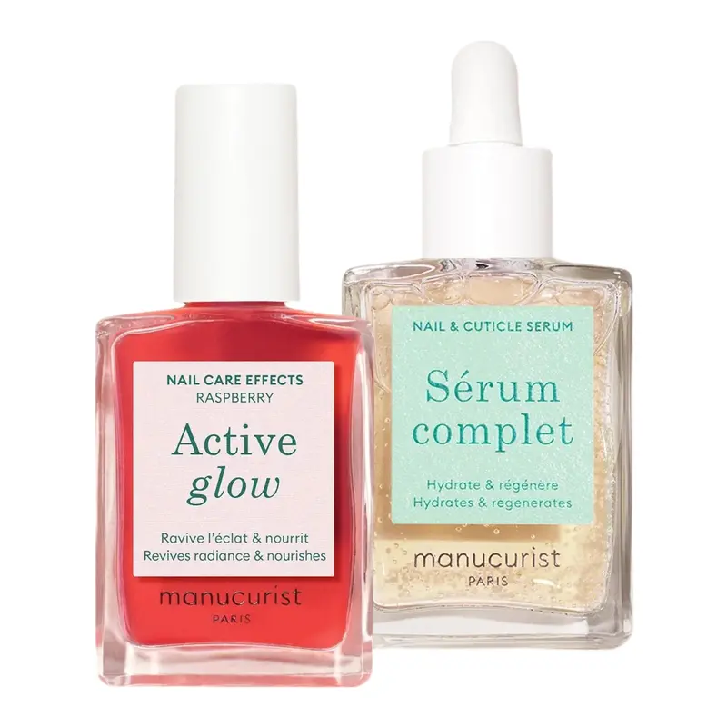 Manucurist Healthy Glow Duo – Éclat Framboise Actif, Vernis Fortifiant 2 en 1 + Sérum Ongles et Cuticules – Formule Végétale