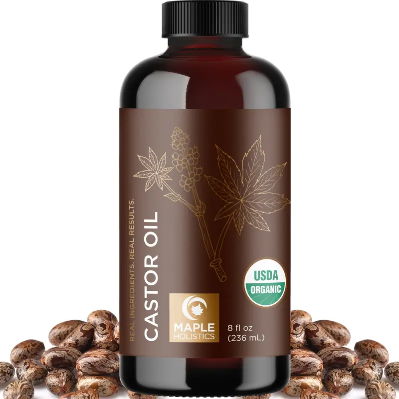 Maple Holistics - Huile de Ricin Bio Pure, Pressée à Froid – Bouteille Verre (236 ml, 8 oz) Non OGM, Sans Hexane, Cruelty-Free, Testée Dermatologiquement, Certifiée USDA