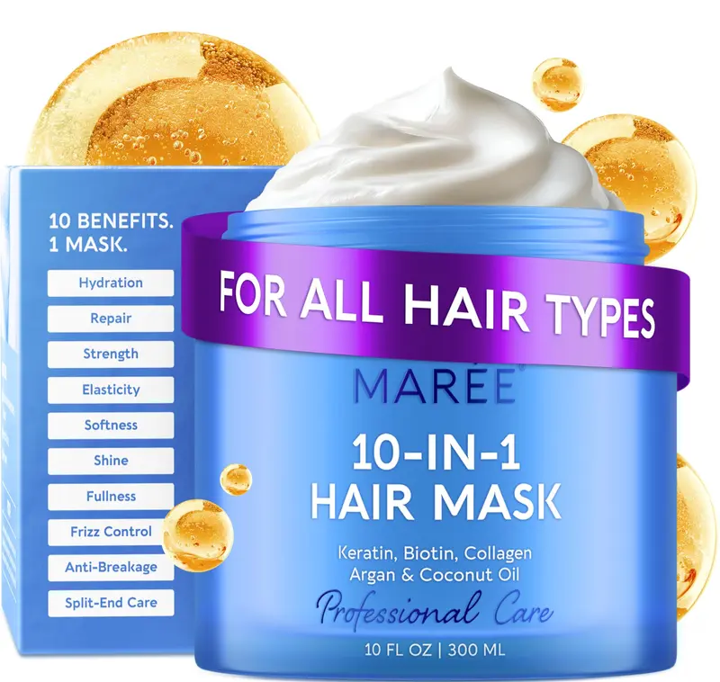 MAREE Masque Capillaire Hydratant 10-en-1 pour Tous Types de Cheveux – Kératine, Biotine, Huiles Naturelles et Vitamines