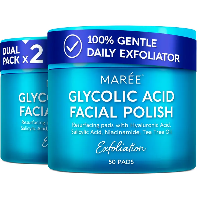 MAREE Tampons exfoliants à l’acide glycolique – Ensemble de 2 pour le visage, huile d’arbre à thé, acide salicylique et vitamines
