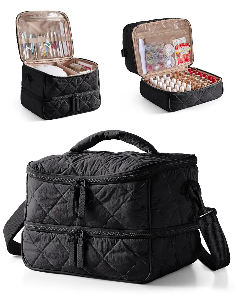 Marscamd Organisateur Vernis Matelassé – 42 Flacons + Lampe à Ongles, Sac de Rangement avec Poignées et Poches, Noir