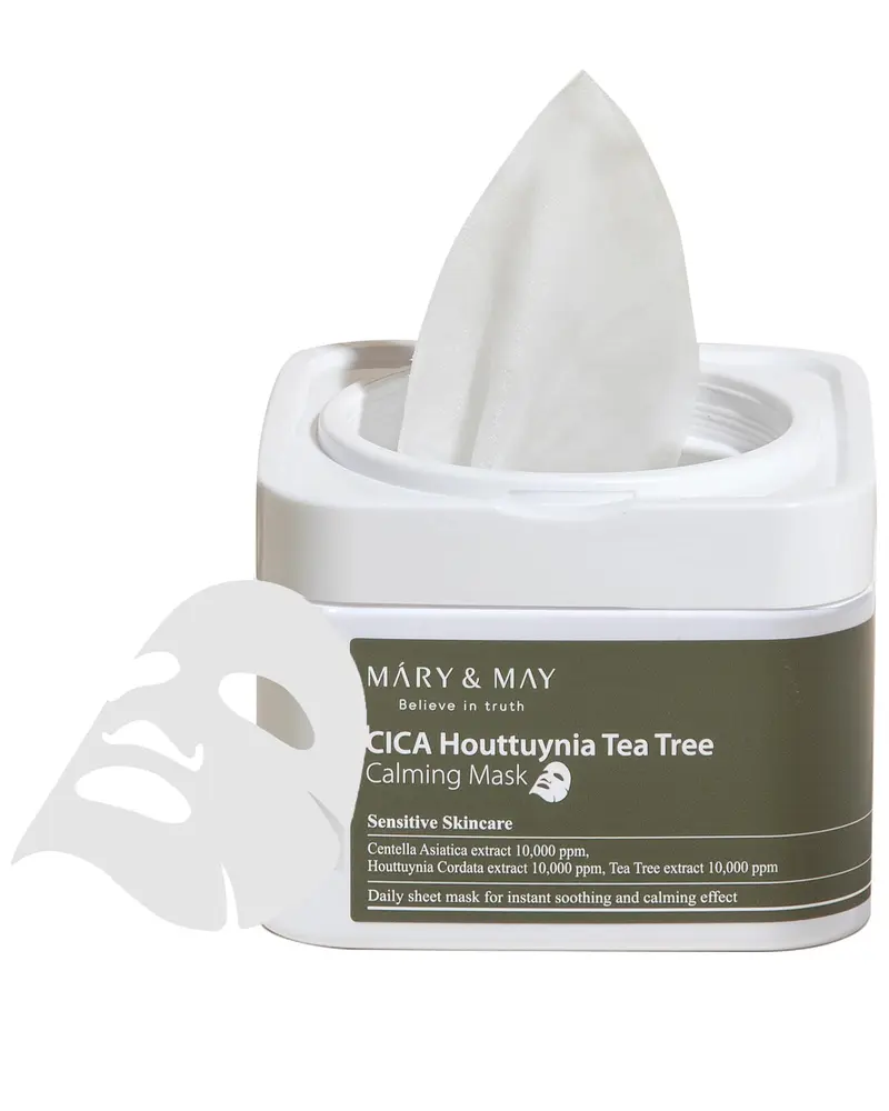 Mary&May CICA Houttuynia Tea Tree Calming Mask – Masque Feuille Apaisant et Hydratant, 30 Sachets, Hypoallergénique et Non Testé sur Animaux