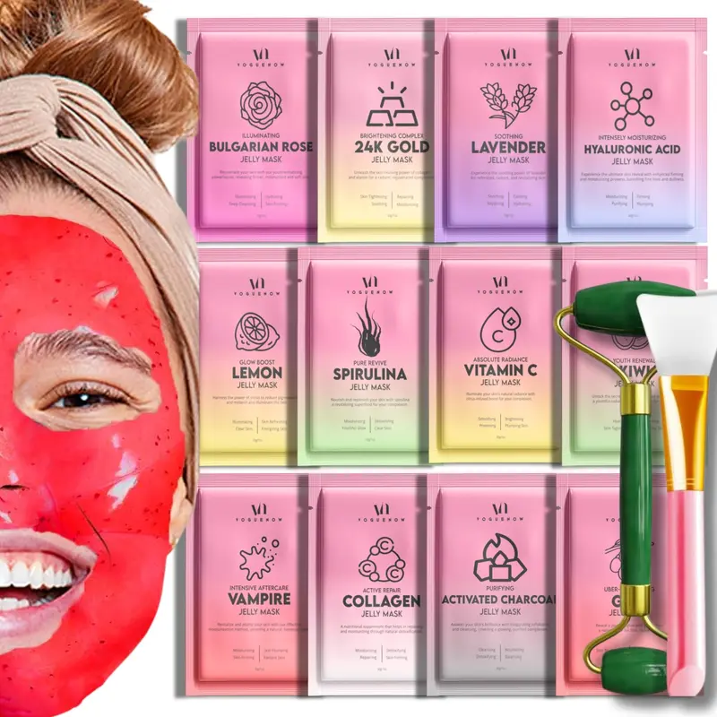 Masque Gel Hydratant Visage VogueNow – 12 Saveurs, Jade Roller Offert, Or 24K, Rose Bulgare, Lavande