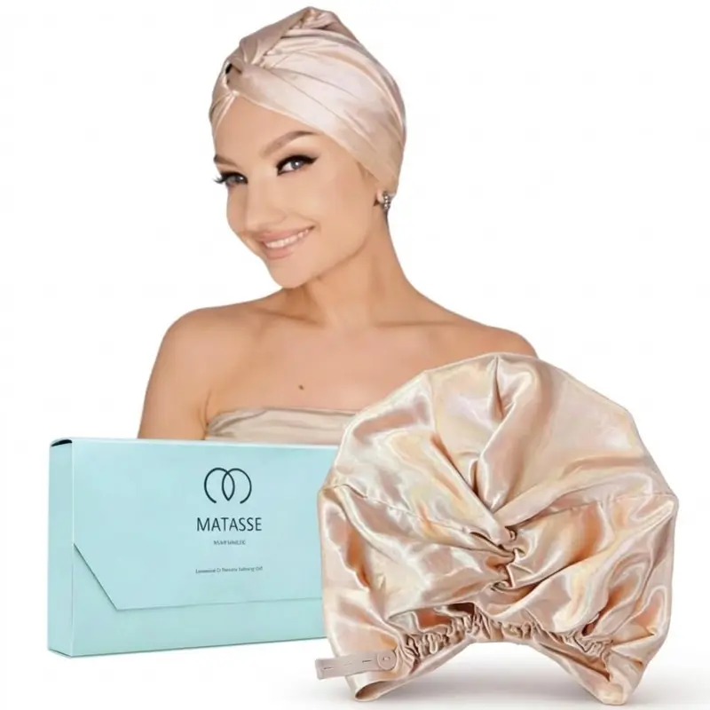 MATASSE Bonnet en soie 22 Momme 100% Mulberry – Reste en place, confort nocturne (Champagne)