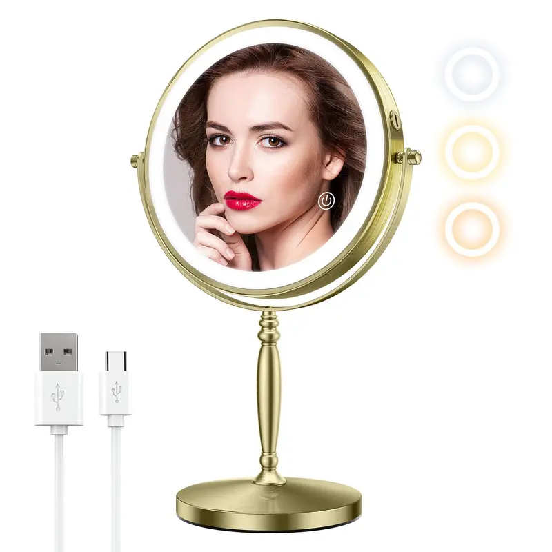 Matekxy Miroir Maquillage 8 pouces LED – 1X/10X, Rechargeable, 3 Couleurs, Finition Laiton Doré