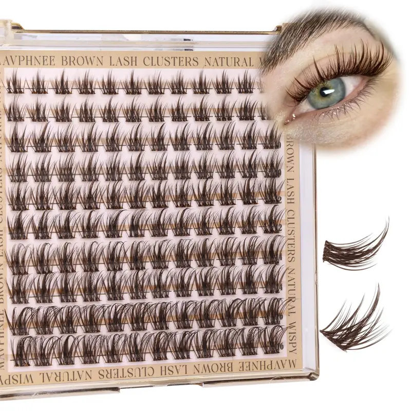 Mavphnee — Cils en grappes bruns wispy, extensions C-Curl, bande claire, pack 120 pièces