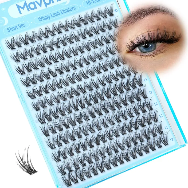 Mavphnee Groupes Cils Wispy 10-12 mm — Extensions Courts, Bande Claire, Courbe C, Réutilisables (192 Groupes)