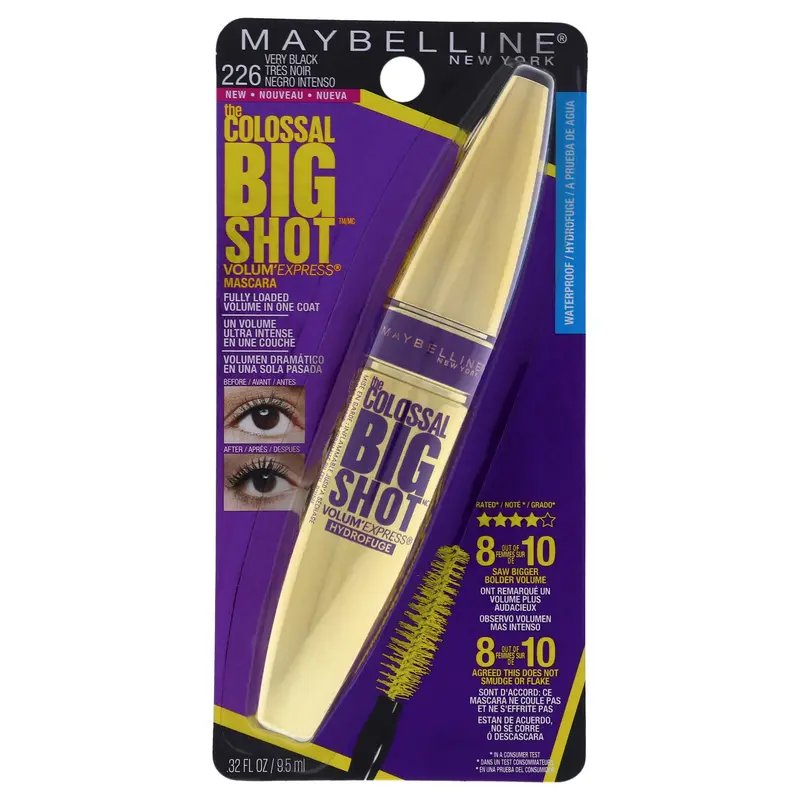Maybelline New York Volum' Express The Colossal Big Shot Waterproof Mascara – Noir Très Noir, 9,6 ml, 1 unité