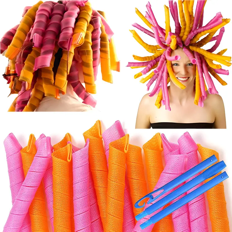 MC MAGIC CURLER – 50 Boucles Sans Chaleur en Spirale 22 pouces pour Cheveux Longs (Rose/Orange) + 4 Crochets