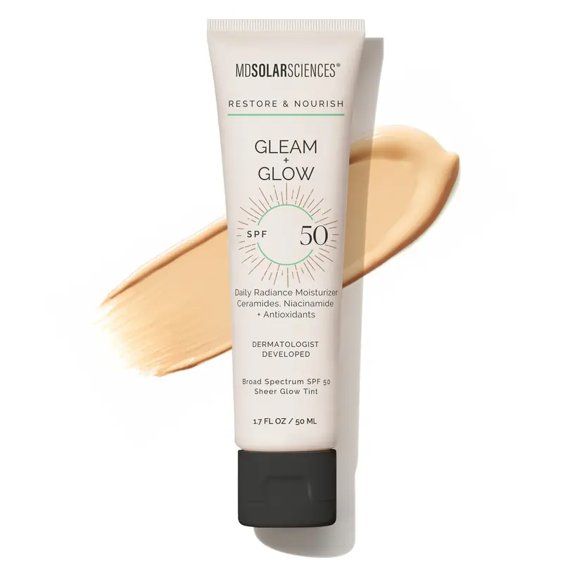 MDSolarSciences Gleam + Glow SPF50 – Crème teintée hydratante avec protection UV à 50, antioxydants, céramides et vitamine C pour peaux sensibles | 50 ml