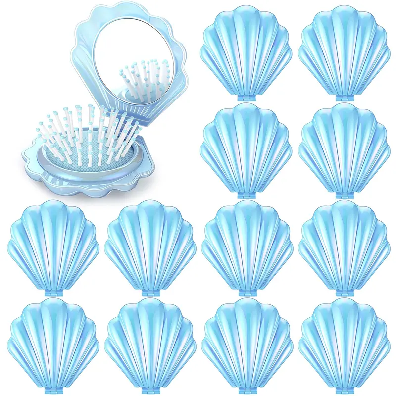 Meanplan 12 Brosses Cheveux Coquillage Miroir Pliable – Kit Voyage Bleu, Faveurs Fête Sirène